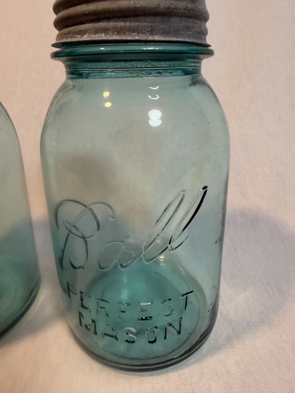 Vintage Ball Perfect Mason Blue Jars Zinc Lids Milk Glass Inserts Set of 2